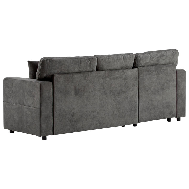 Grey L-shaped corner sofa bed, side shelf with integrated USB and storage VOLATILGAS