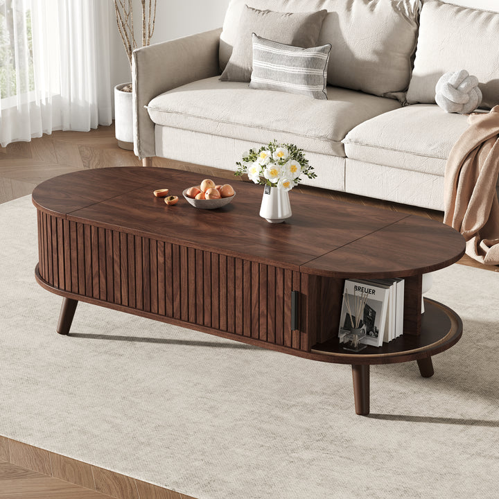 Lift Top Dark Wood Oval Coffee Table with Hidden Storage 120x50cm VASEEDGE
