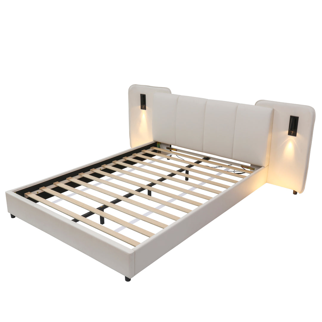 Beige upholstered divan double bed with side lamps and charging port 135x190cm UNITOS