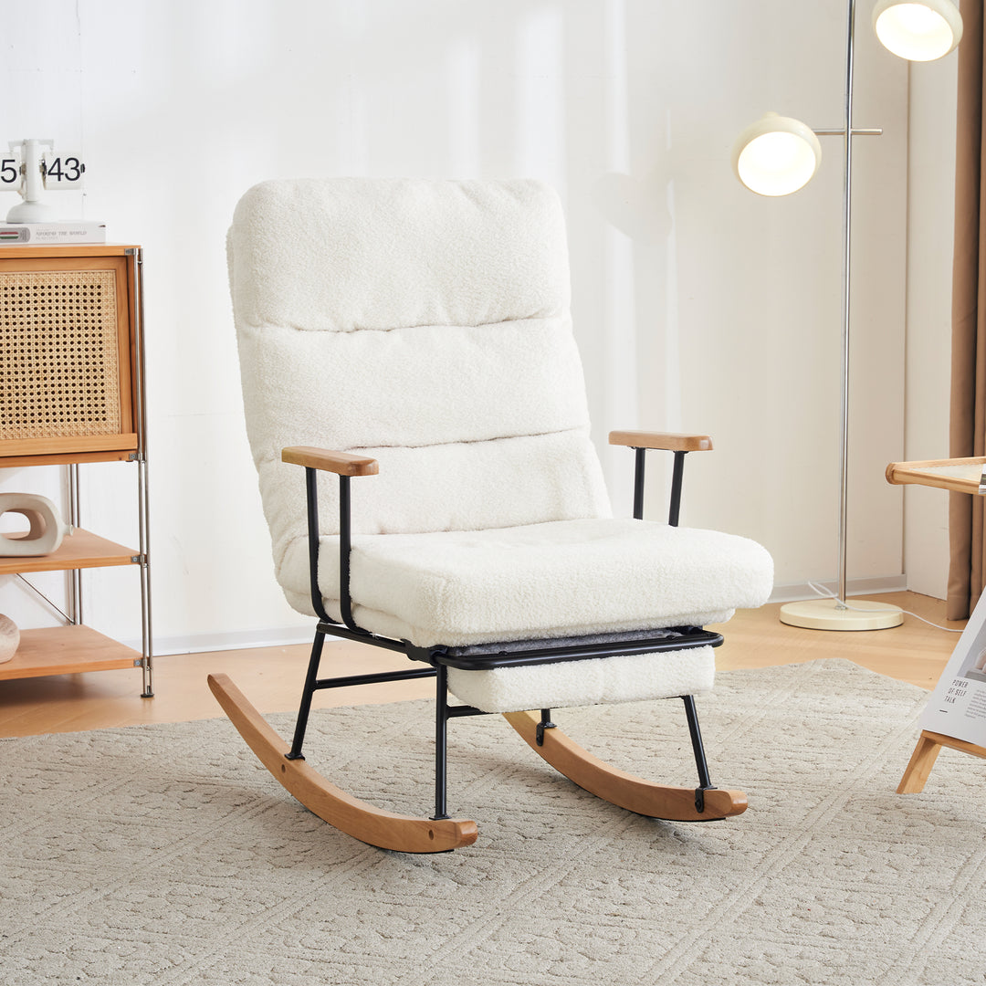 White boucle fabric nursery rocking chair with glider footrest PATINA UK