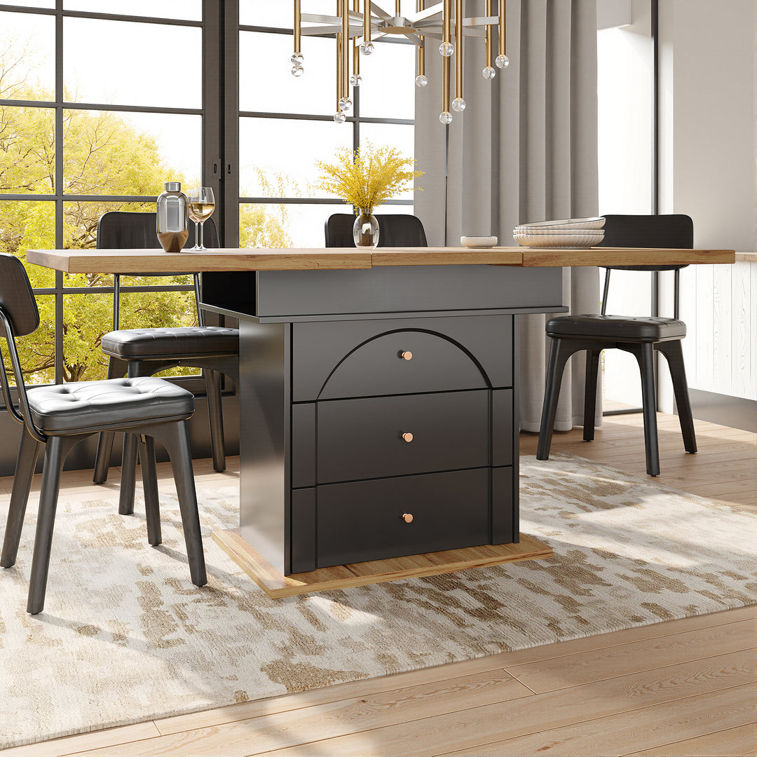 Extendable wooden dining table (110-140×80 cm) black shlef and 2 drawers SUNSPOT