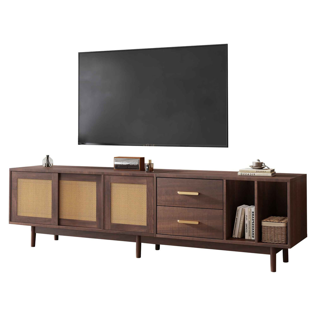 TV stand dark wood vintage look with rattan sliding doors & 2 drawers  INFINITERIF