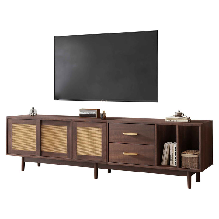 TV stand dark wood vintage look with rattan sliding doors & 2 drawers  INFINITERIF
