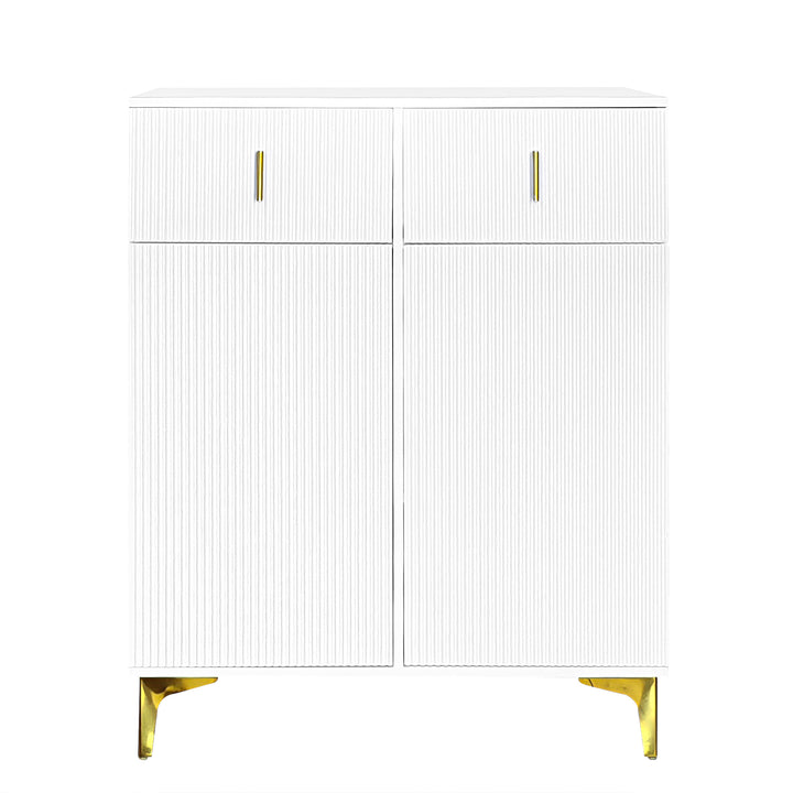 White shoe cabinet with textured panels and golden legs FERNCREST UK