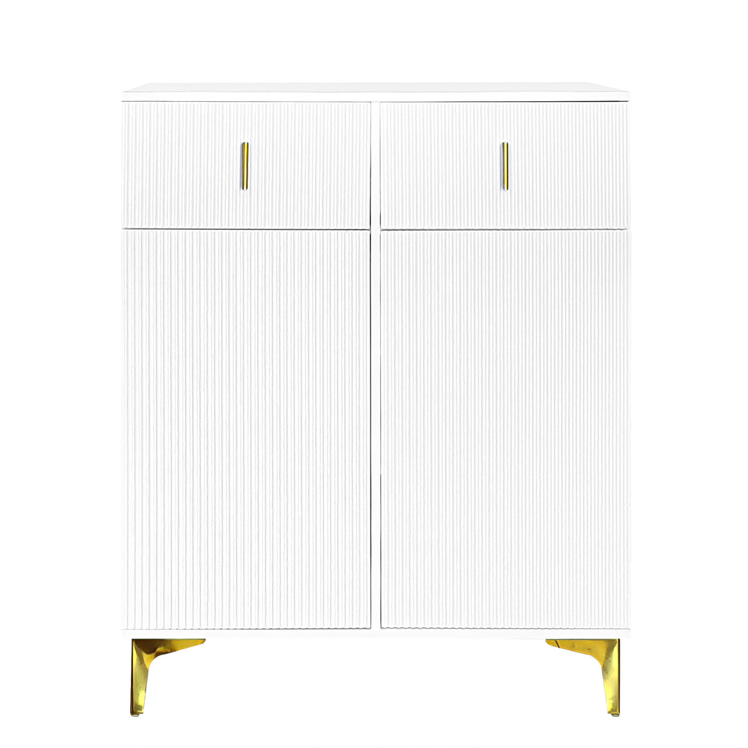 White shoe cabinet with textured panels and golden legs FERNCREST UK