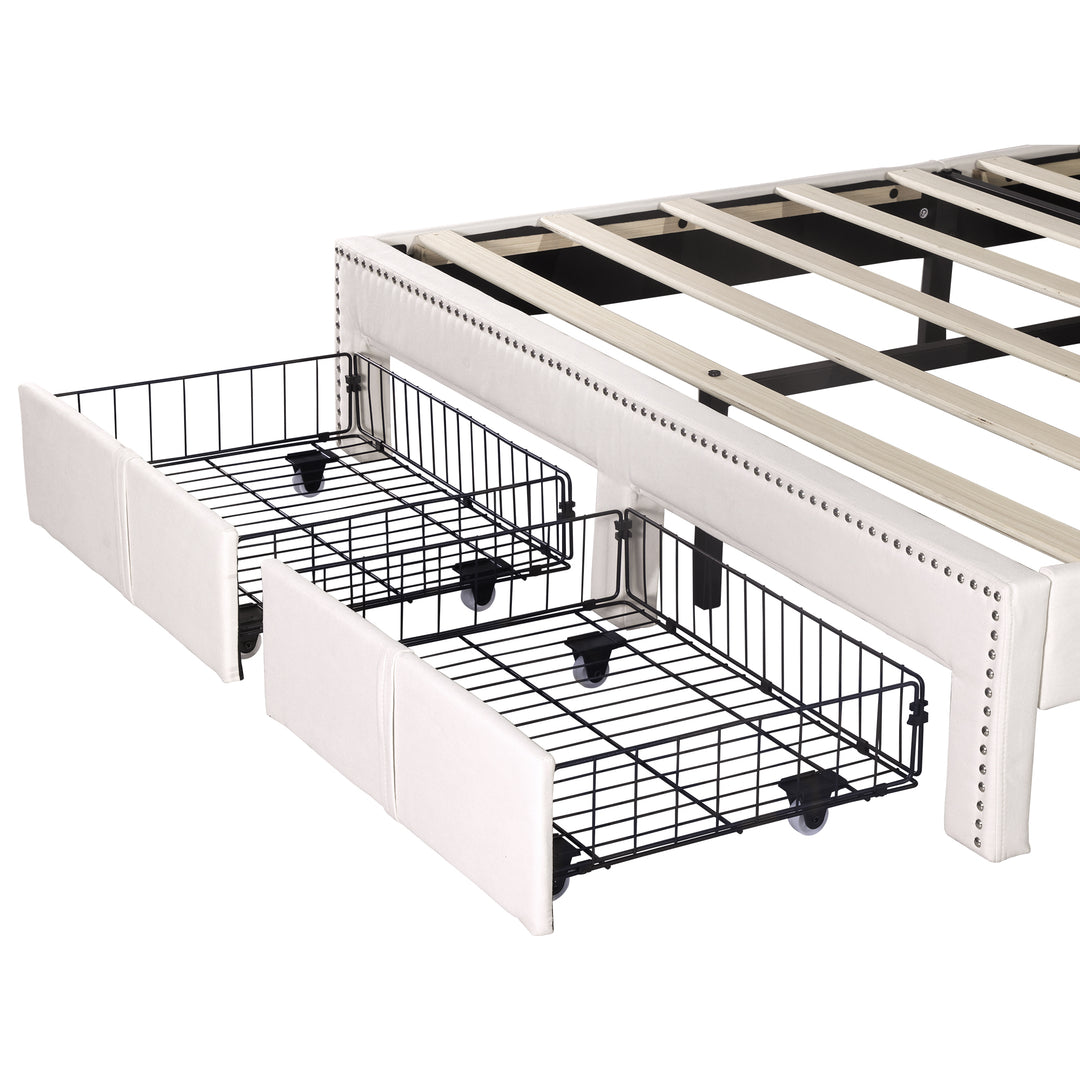 Beige linen upholstered divan double Bed 135x190cm with 2 storage drawers and LED lighting & charging ports (no mattress) OGHAMNOTCH