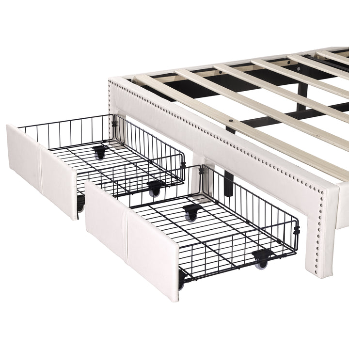 Beige linen upholstered divan double Bed 135x190cm with 2 storage drawers and LED lighting & charging ports (no mattress) OGHAMNOTCH