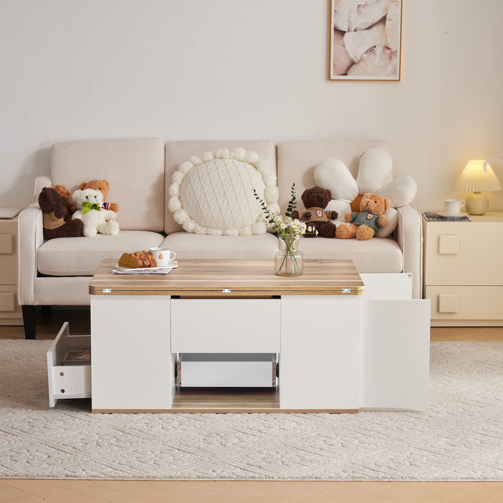 Modern white & oak lift-top coffee table hidden storage CLOUDWING