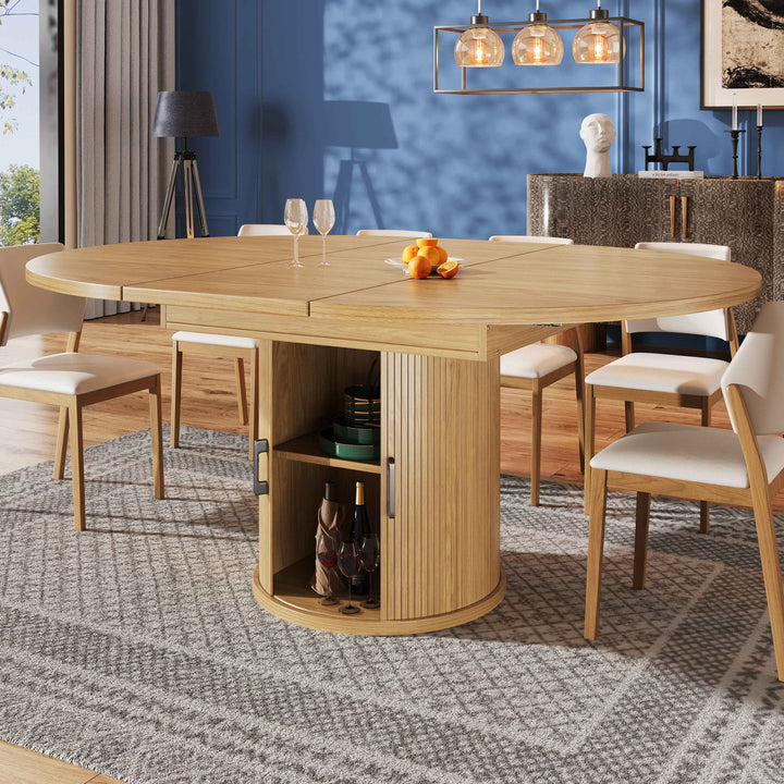 Extendable natural wooden look dining table round to oval 118–158cm INFINITEQUASI