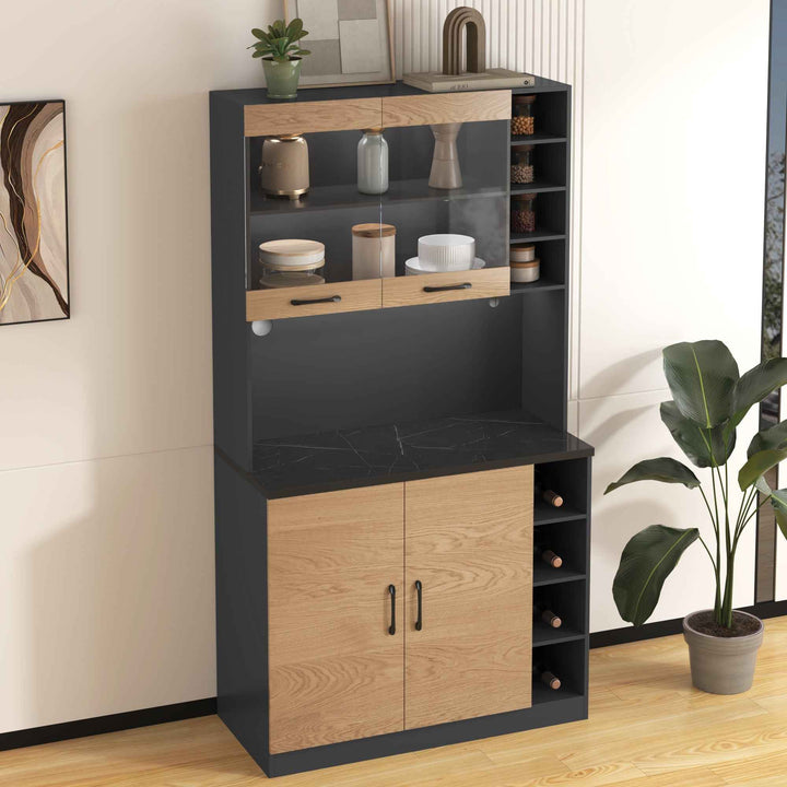 00+Kitchen Tall Cabinet with LED Lighting, Adjustable Shelves, Large Pantry Storage for Microwave VERTEXMORN