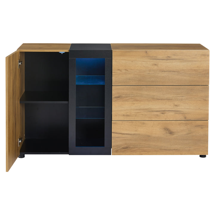 Wooden and Black Sideboard Cabinet with 3 Drawers, Glass Shelves and LED Lights 140 cm TRISHELF