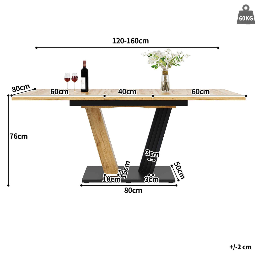 Extendable dining table wood grain V shape legs 120-160x80cm INFINITEZYNTH