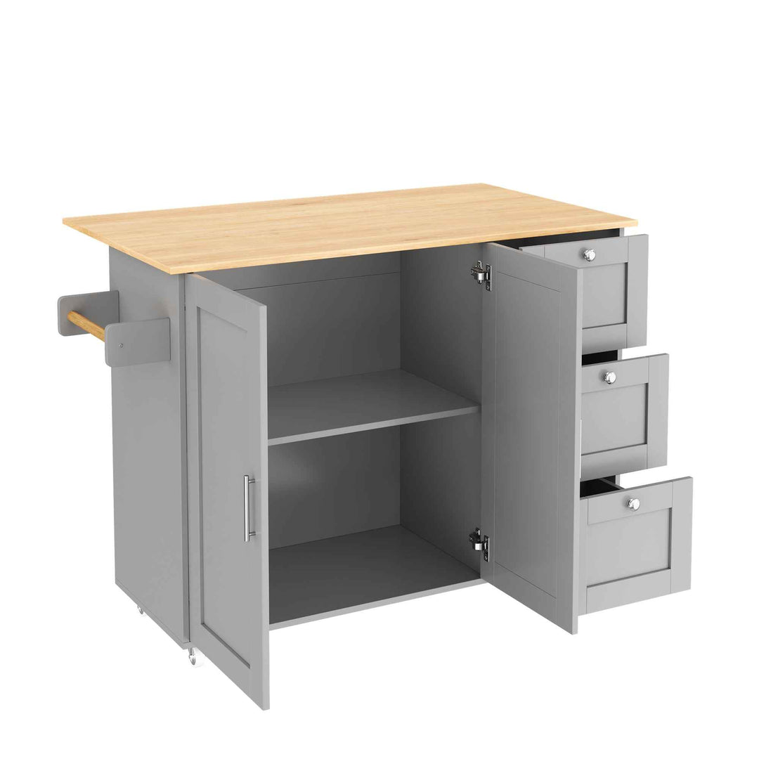 00+Kitchen Island on Wheels Grey Foldable Tabletop, 3 Drawers, 2 Doors, for Dining & Living Room VERTEXRYN