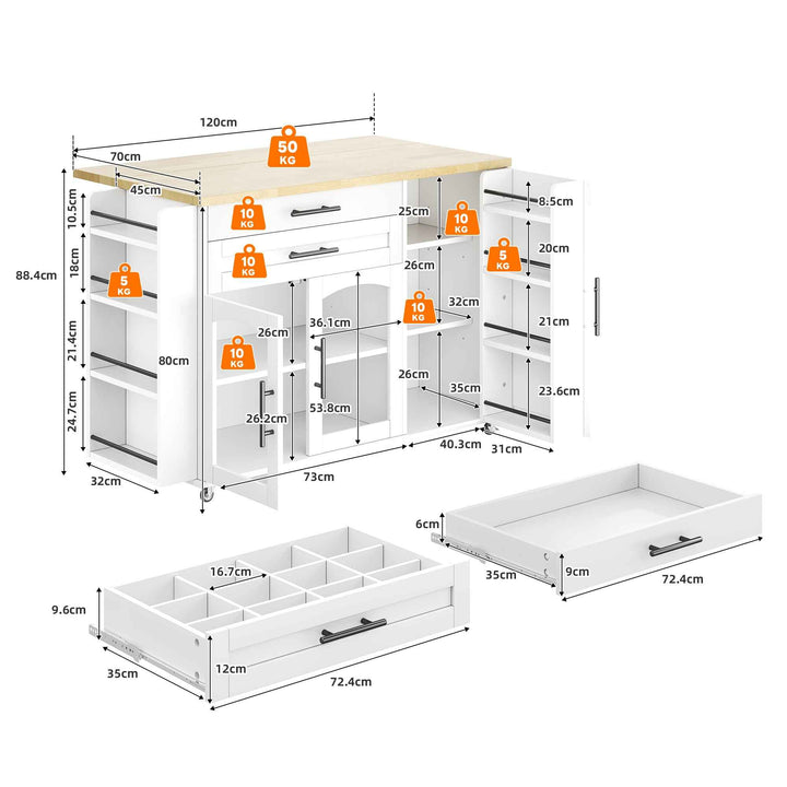 00+Mobile Kitchen Island Trolley White Foldable Worktop, 5 Wheels, Glass Doors, Storage Racks, Cutlery Drawer NOVAOR