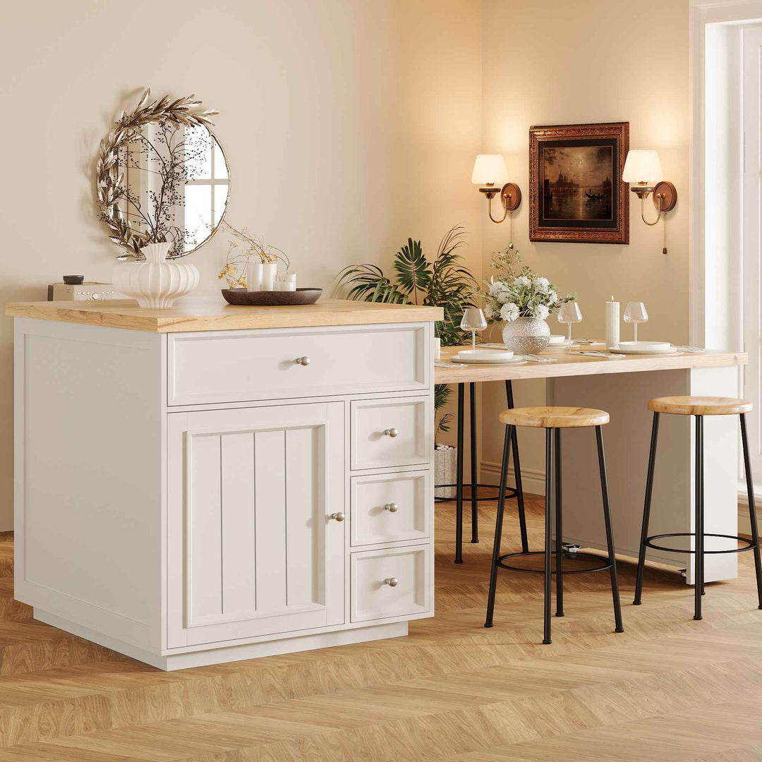 Kitchen Island with Extendable Tabletop (120-184cm), Drawers & Lockable Casters, MDF Wood-Look, White/Black – Mobile Counter for Kitchen, Dining & Bar