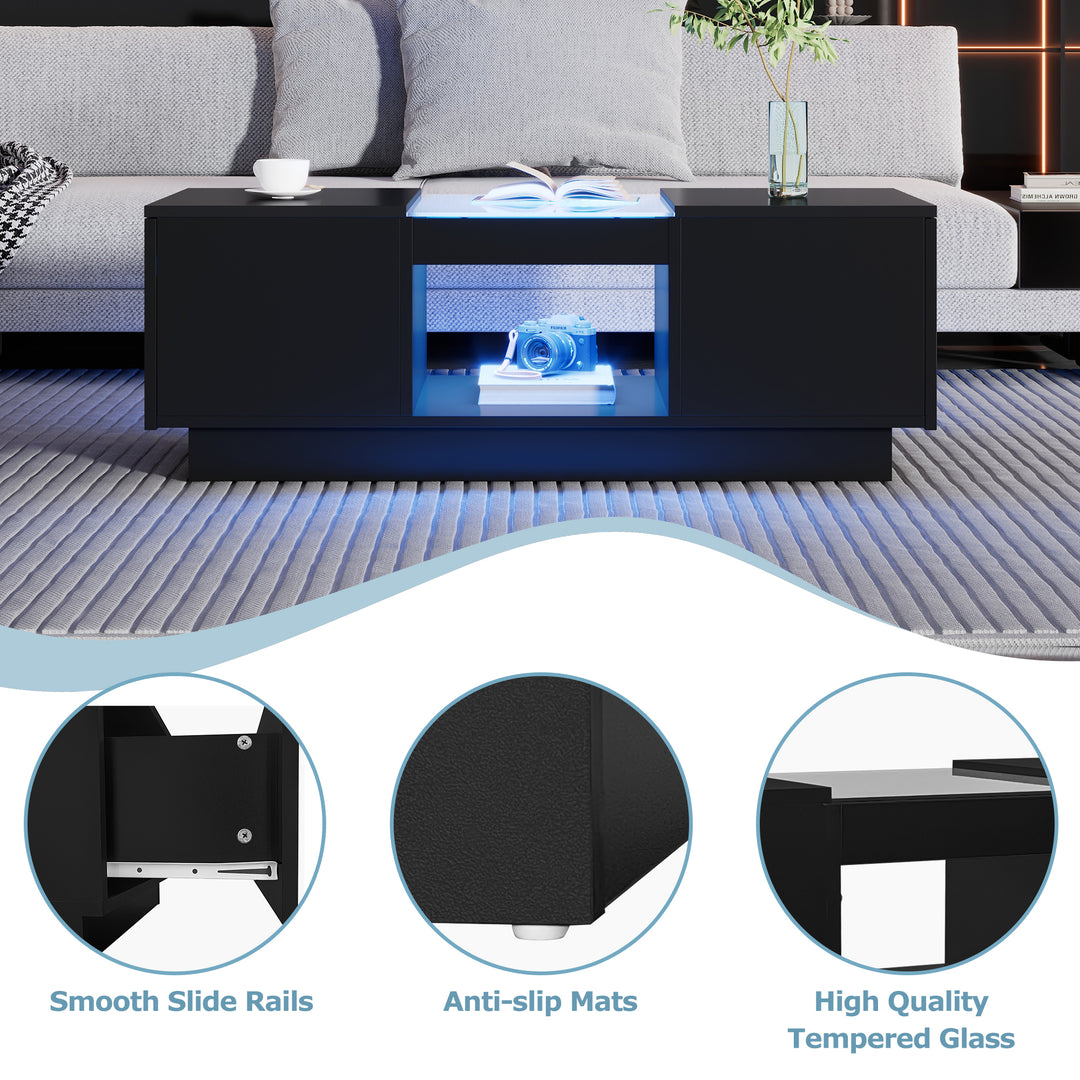 Black glass LED lighting coffee table with storage 100×50×35.5cm ALGORITH