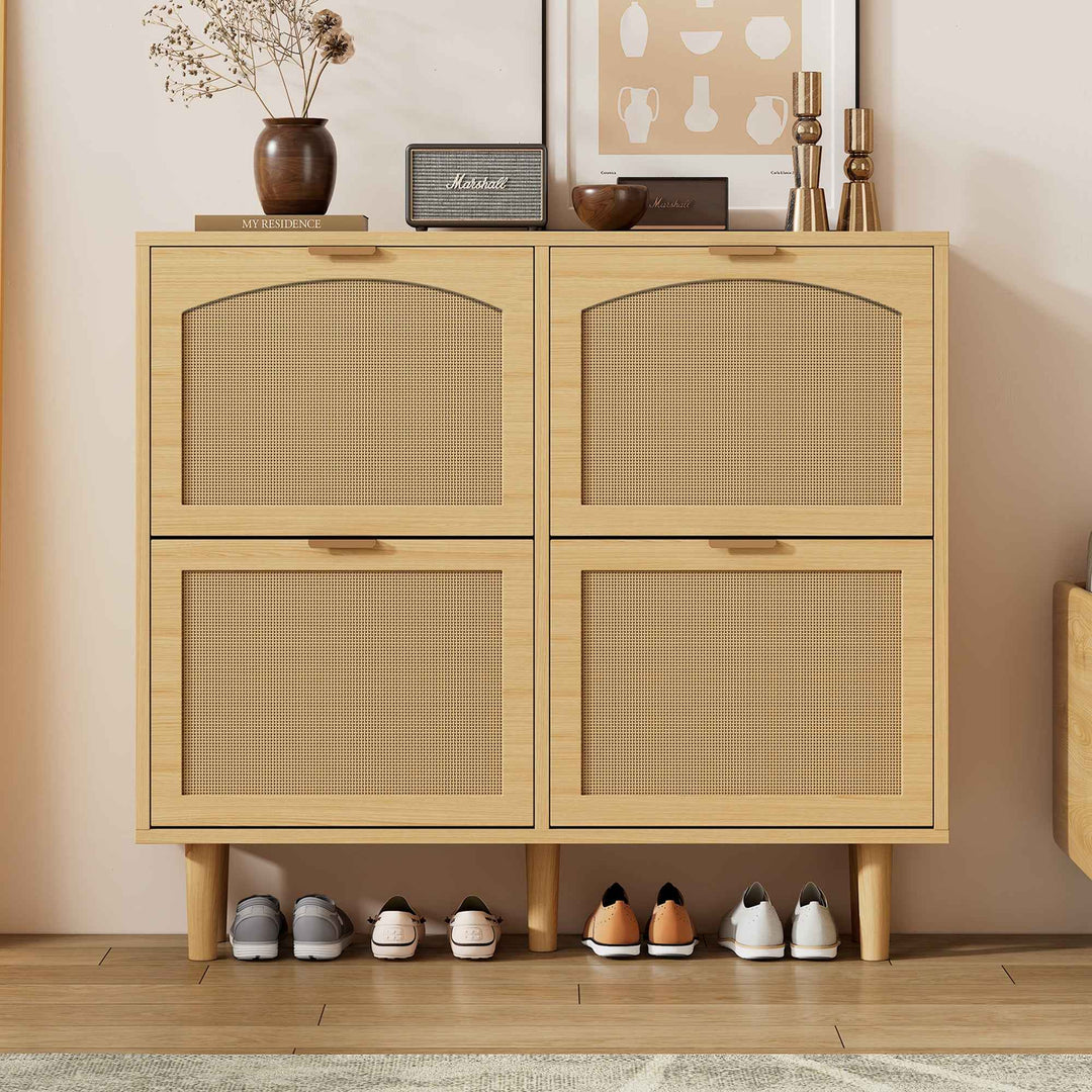 00+Shoe Cabinet 4-Drawer Narrow Rattan, Slim Light Oak Storage CONCRETEWARDROBE