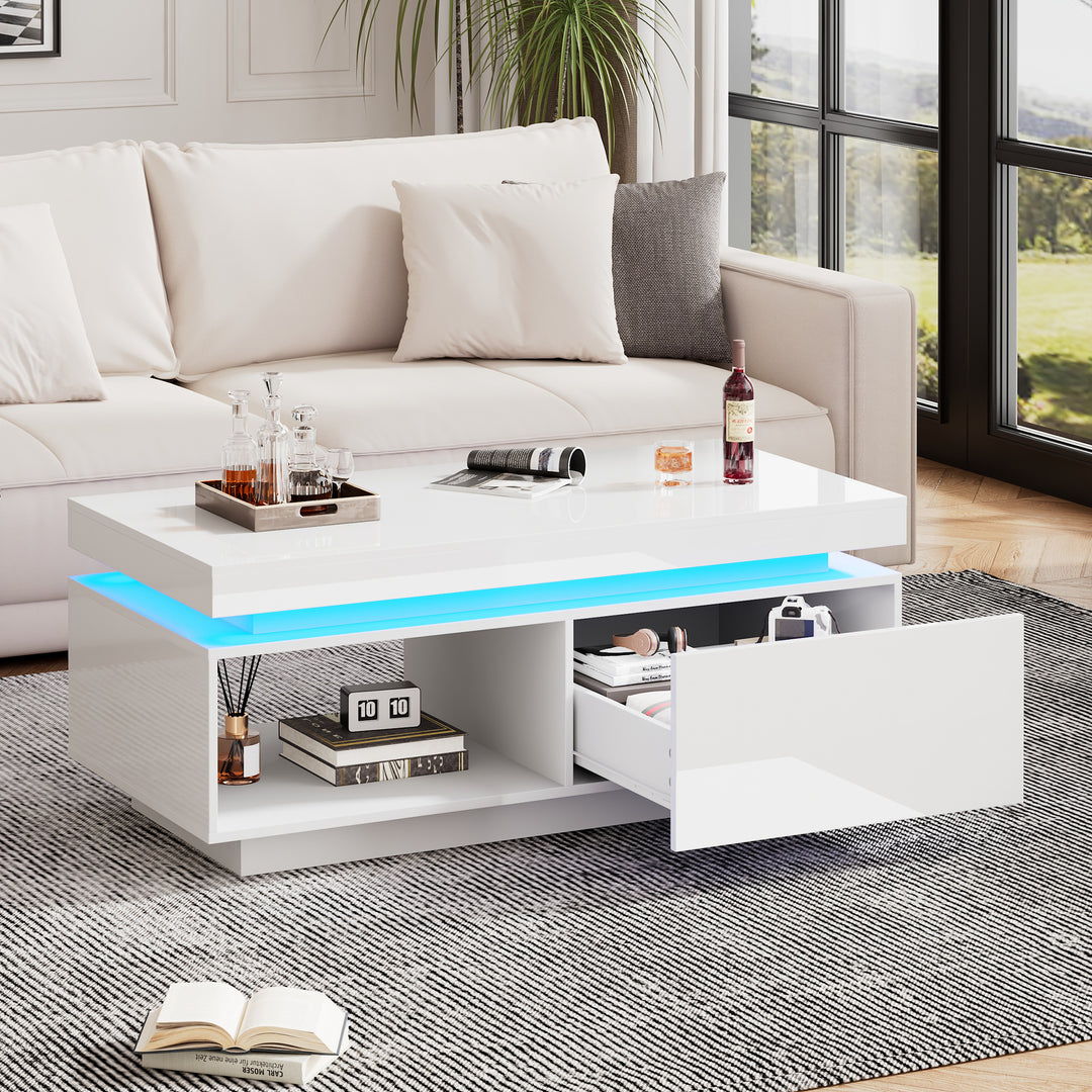 White high gloss coffee table with LED lights and storage 100 x 50 x 40 cm MAGNETOTAIL UK
