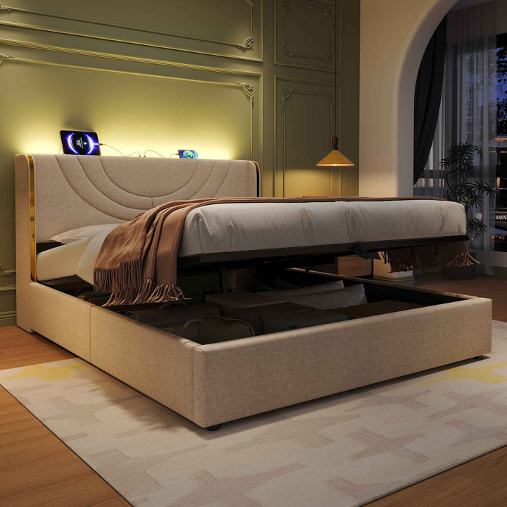 Double Bed Frame 4ft6 with Hydraulic Storage, LED Headboard, USB & Type-C Charging, Linen Upholstered, Chrome Trim, Beige, No Box Spring Needed, Ideal for Modern Bedrooms (No Mattress)