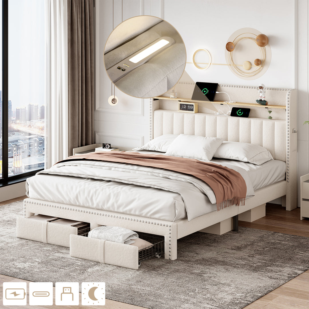 Beige linen upholstered divan double Bed 135x190cm with 2 storage drawers and LED lighting & charging ports (no mattress) OGHAMNOTCH