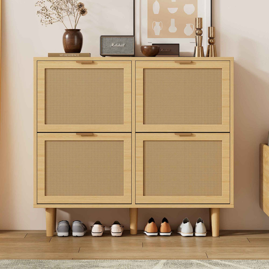 00+Shoe Storage Cabinet Rattan With 4 Flip Drawers Adjustable Shelves Light Oak For Hallway Organiser CONCRETEBOX