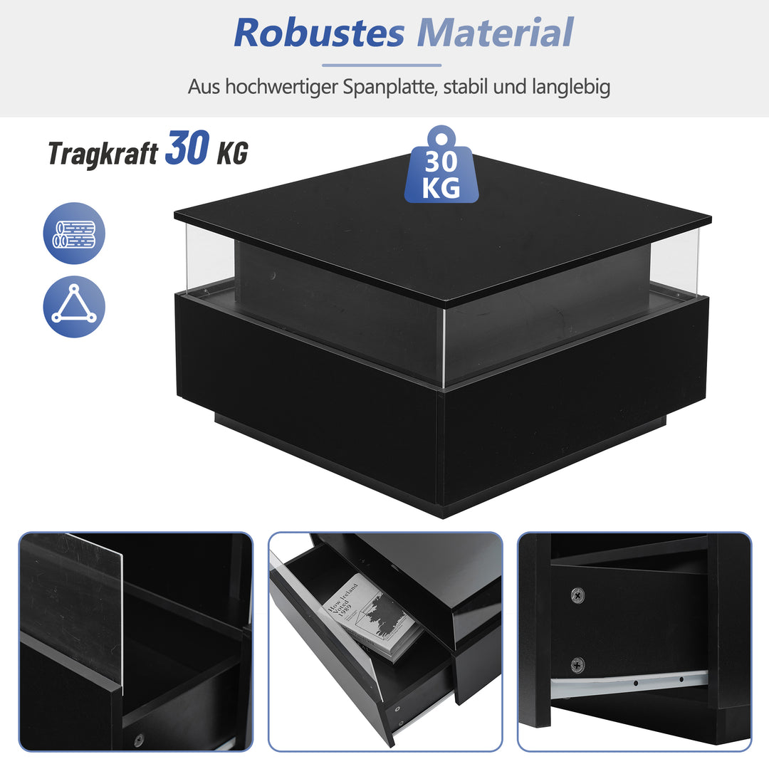 Modern LED light high gloss black square coffee table with 2 drawers THERAPY