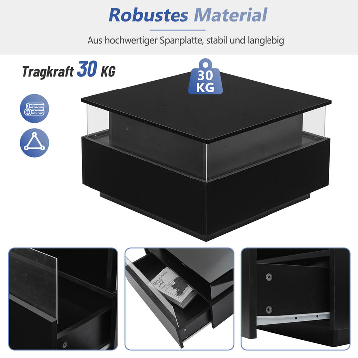 Modern LED light high gloss black square coffee table with 2 drawers THERAPY