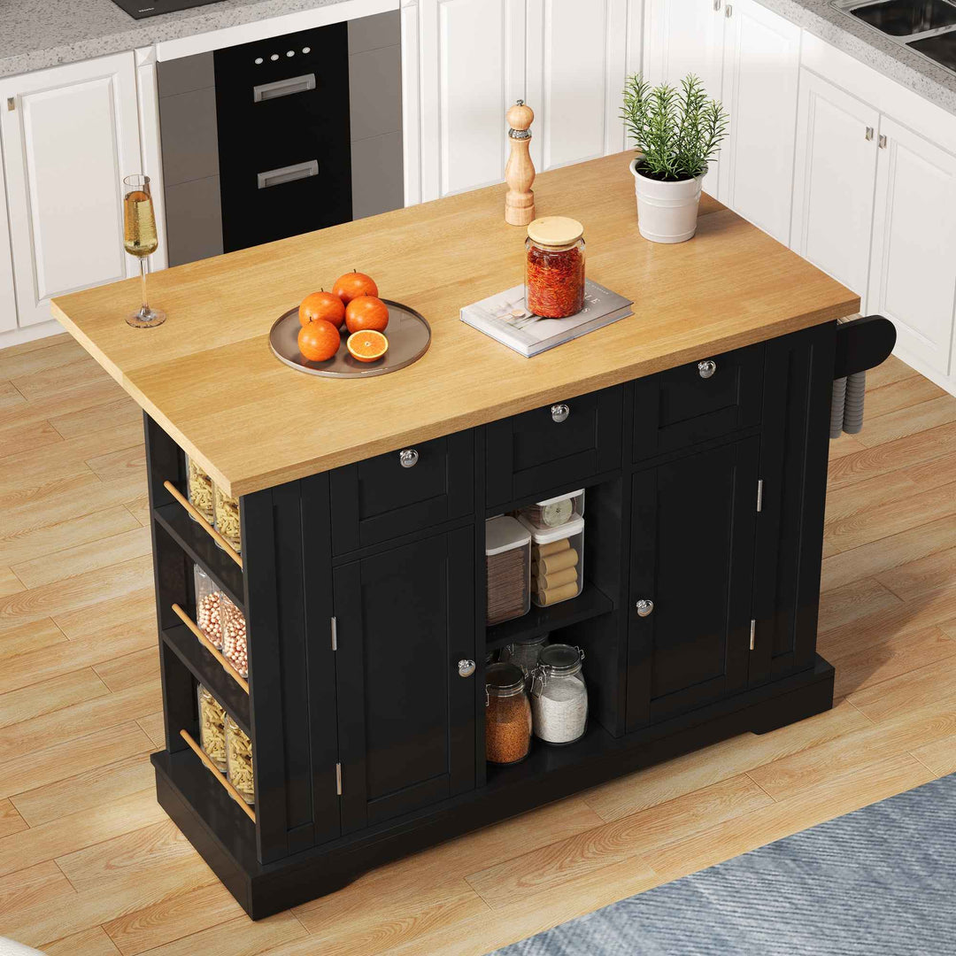 00+Kitchen Island on Wheels 132cm, Foldable Drop Leaf, MDF, Natural+Black, 3 Drawers, Spice Rack, Towel Holder, Charging Station VERTEXKORR