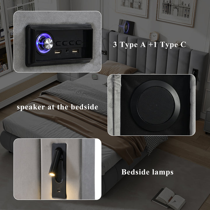 Upholstered velvet grey king bed with sound stereo, lamps and charging ports 150x200cm PNEUMATOPHORE UK