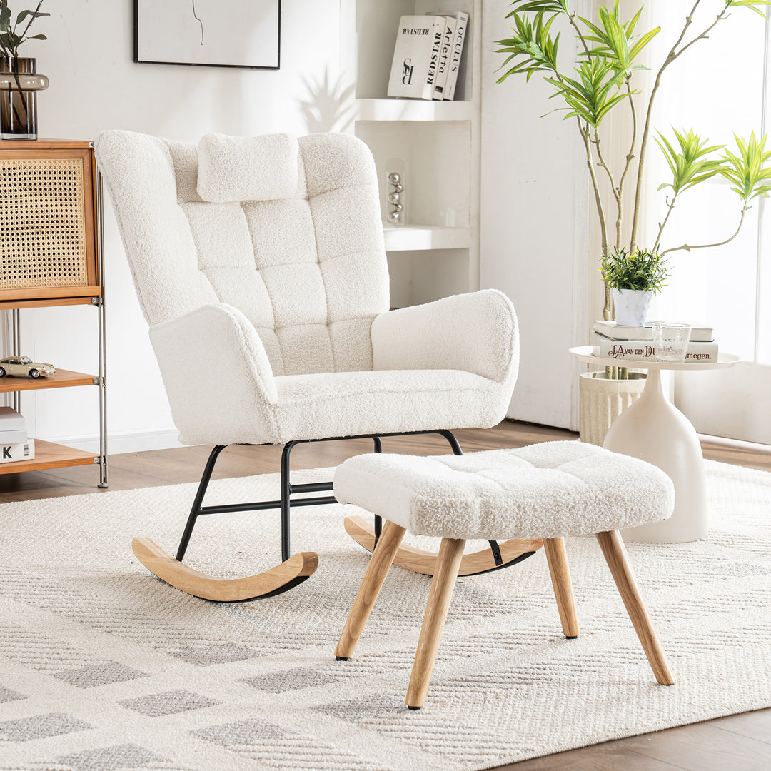 White bouclé fabric rocking chair with footstool and neck pillow PHLOEM