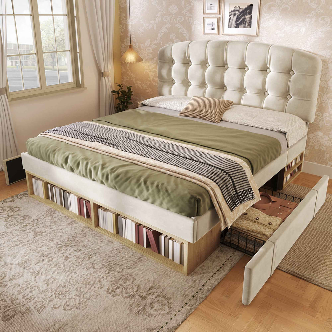 Double Bed Frame with Storage Drawers Velvet Upholstered, 135x190cm, Beige, No Mattress BEDRESIN