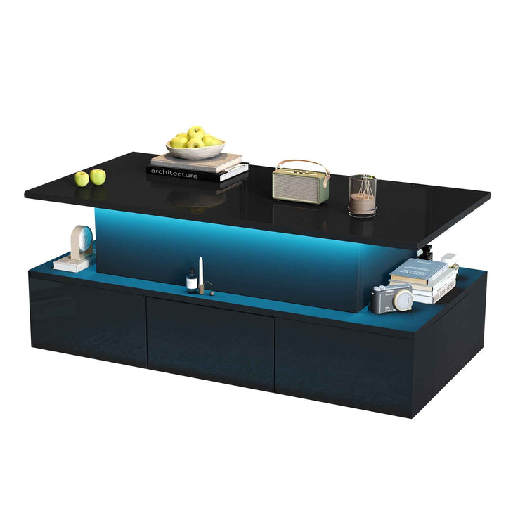 Lift top black high gloss coffee table with 4 drawers and LED lighting INFINITECASCADEE