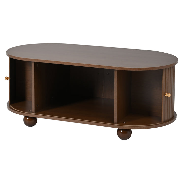 Retro wooden look oval coffee table with 2 sliding storage doors CUNEIFORMWEDGE