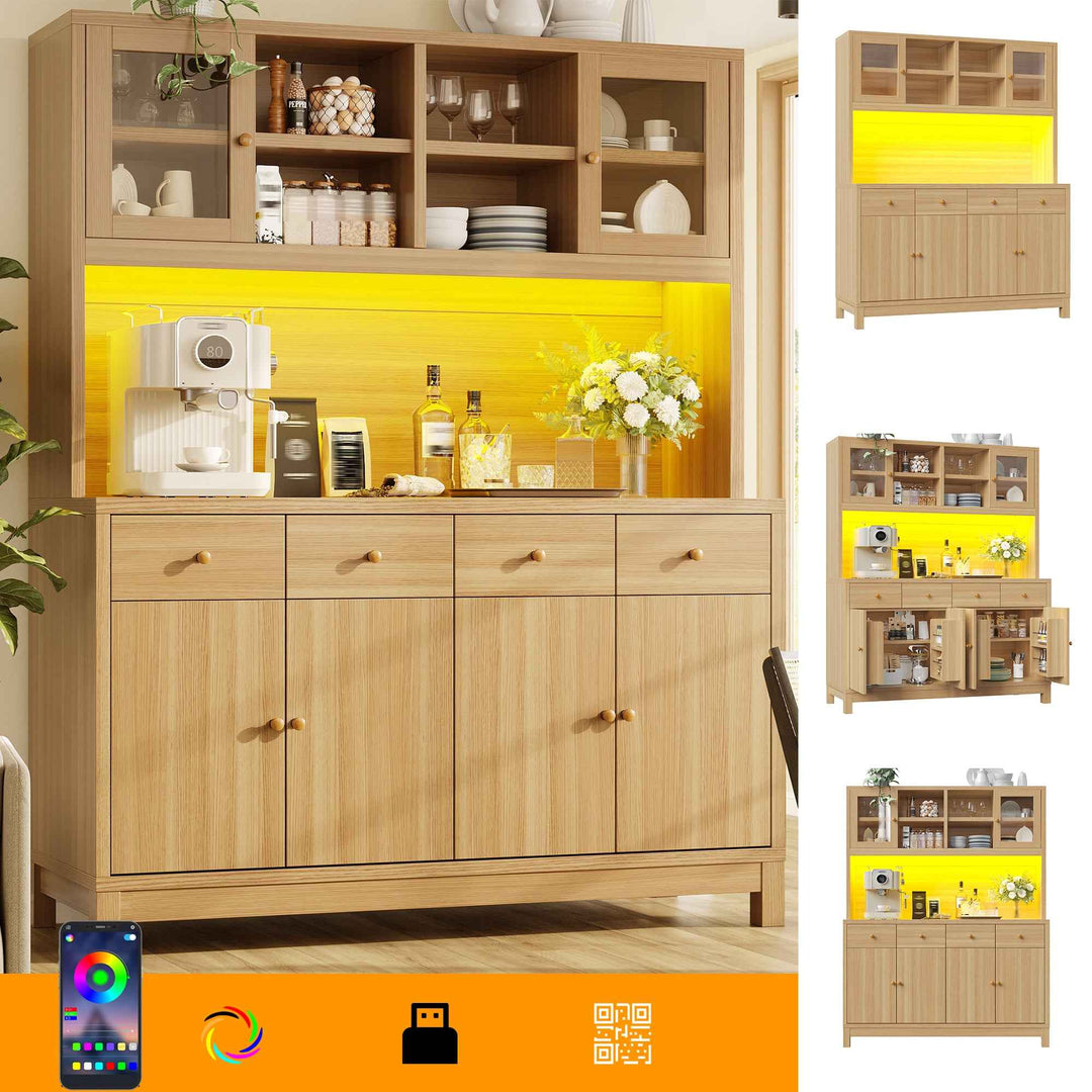 Wooden tall kitchen hutch cabinet with RGB LED, glass doors, 4 drawers 140x38.5x180cm QUADTRUNK