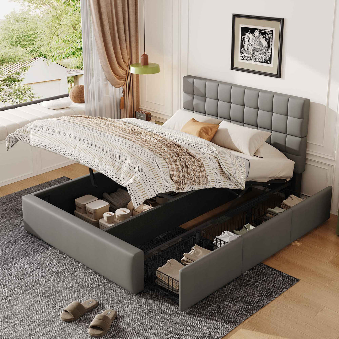 00+Upholstered Double Bed 140x190cm with Hydraulic Lift Storage, Grey, CONCRETEBED