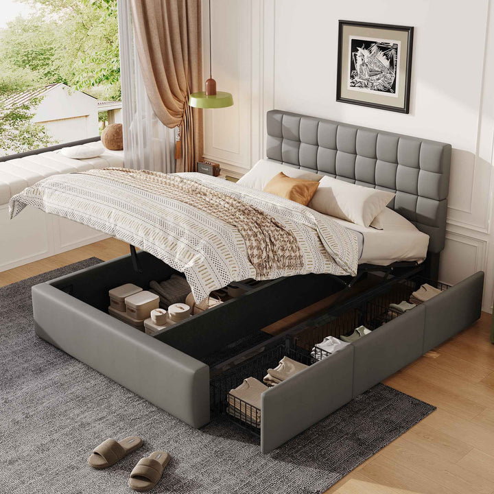 00+Upholstered Double Bed 140x190cm with Hydraulic Lift Storage, Grey, CONCRETEBED