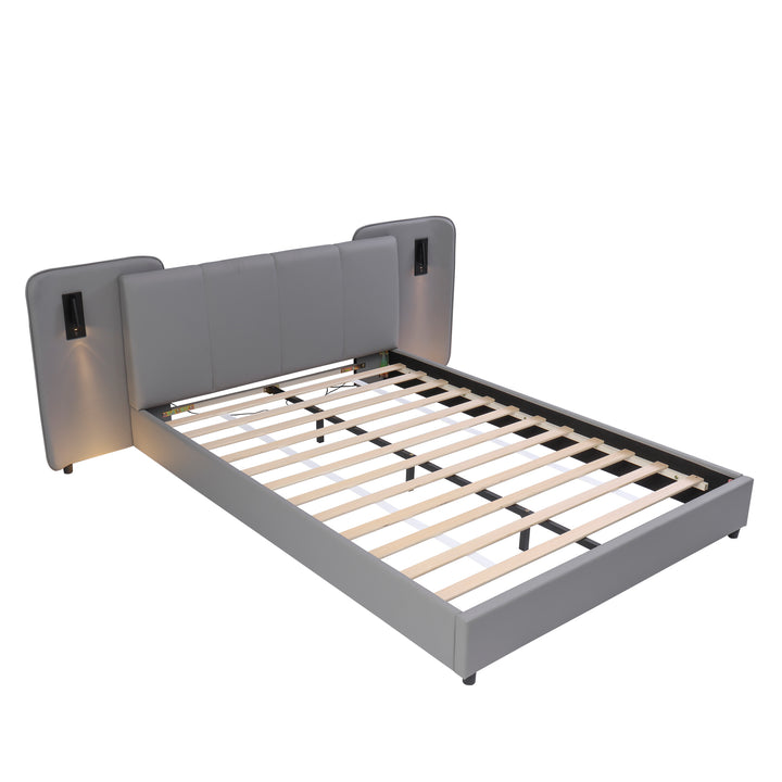 Grey PU upholstered double bed with charging port, 2 bedside lamps 135×190cm PASTUREBEARD