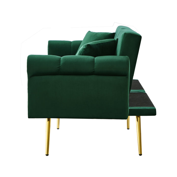 Green velvet 2-seater sofa bed with adjustable backrest and gold legs CAKDERA