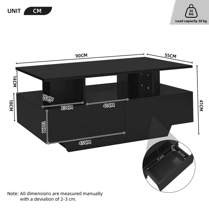 Black high-gloss coffee table 2 drawers with LED lighting ATOMSWALE