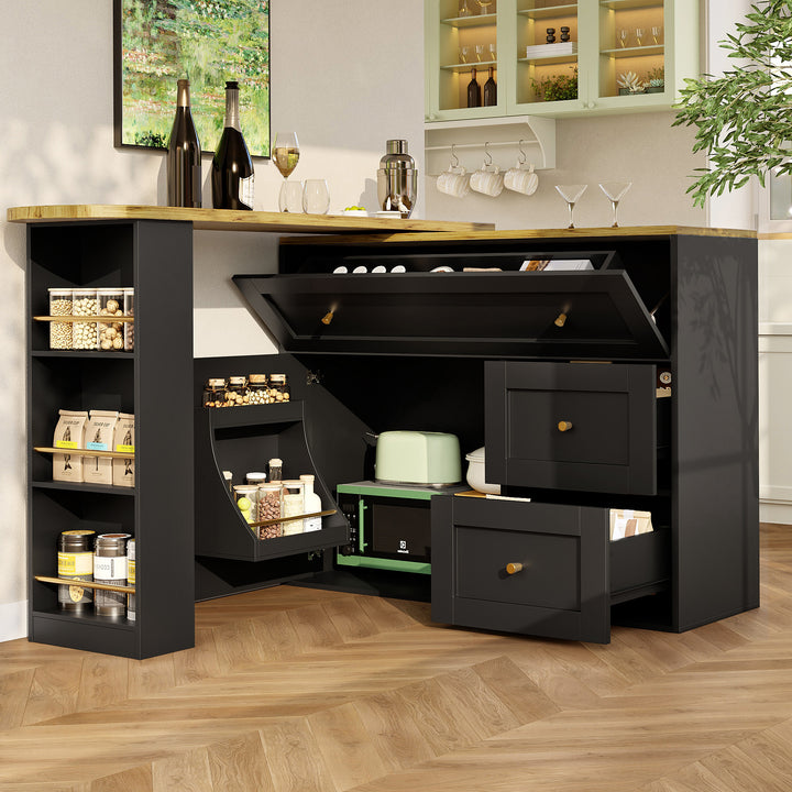 Extendable bar table black with storage kitchen cabinet with snack shelf (138-204×39×105cm) MANGROVEPROP