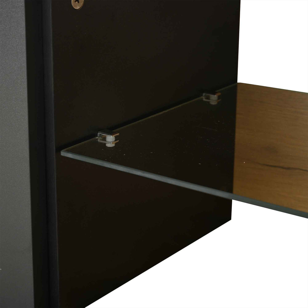 TV stand cabinet wood look & black, 3 doors glass shelf FLAREKRYOS