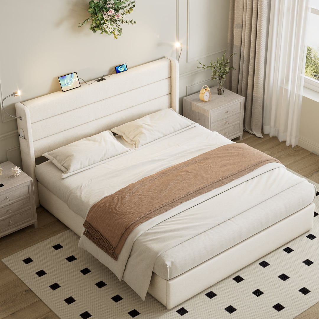 Beige linen upholstered king size divan bed with storage, lampe and charging station 150x200cm GRANULE UK