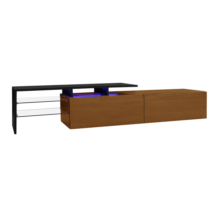 Black wooden finish TV cabinet with glass shelves and LED lighting KNEEJOINT
