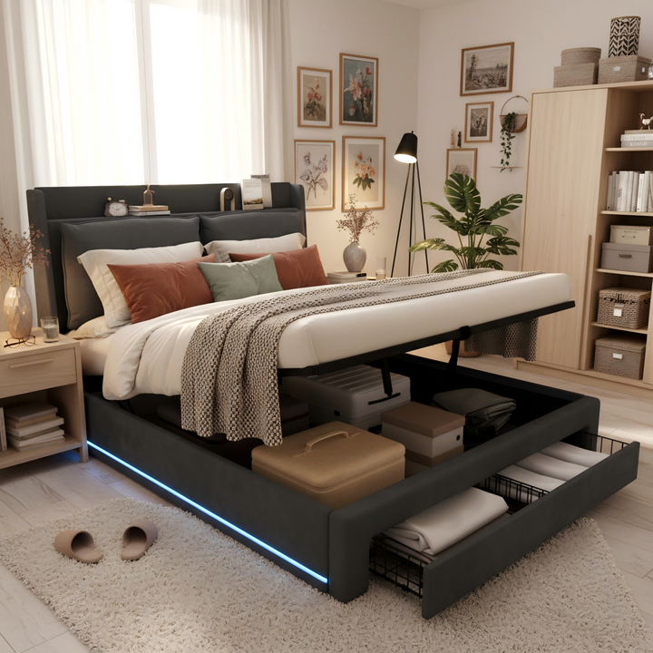 King Size Upholstered Bed 150x200cm Velvet Dark Grey with Hydraulic Storage, LED Lights, Drawers, Slatted Frame