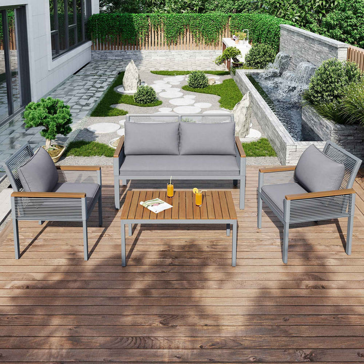 Garden lounge set 4-piece wooden look grey rattan with coffee table INFINITECLAR
