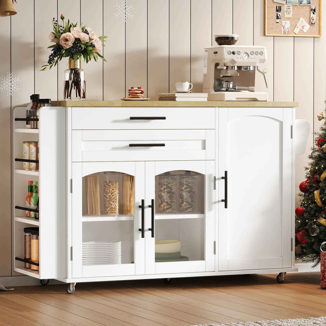 00+Mobile Kitchen Island Trolley White Foldable Worktop, 5 Wheels, Glass Doors, Storage Racks, Cutlery Drawer NOVAOR