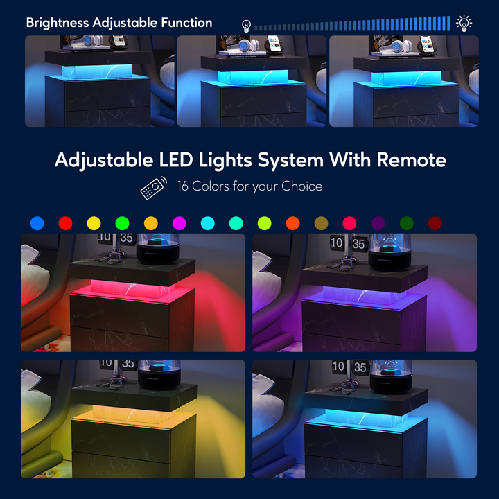 Black marble-look nightstand LED bedside table cabinet with 2 drawers FROSTWORK