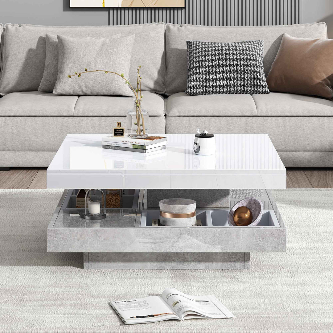 Rotating 360° white high-gloss coffee table marble-patterned, double-layer storage FLARENEXUSA