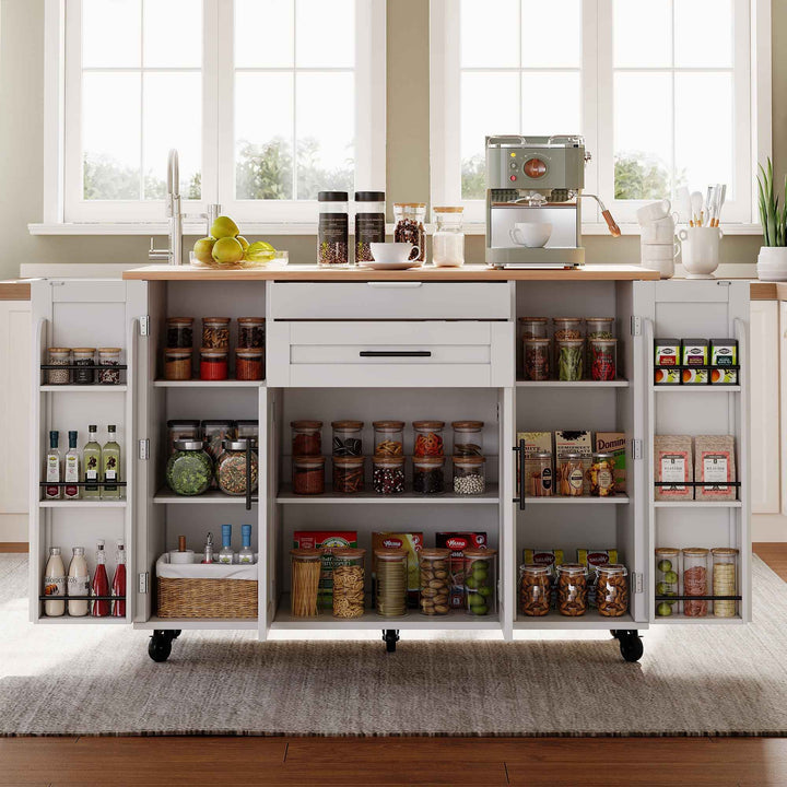00+Kitchen Island on Wheels, White & Natural MDF, Foldable Tabletop, Adjustable Shelves, Storage Cabinets Rolling Trolley for Dining Room VERTEXZYR