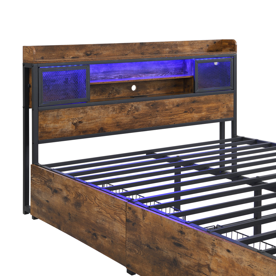 Multifunctional wooden look double bed&nbsp; with LED lighting, 2 drawers & charging ports (135x190cm) ELATERSPRING